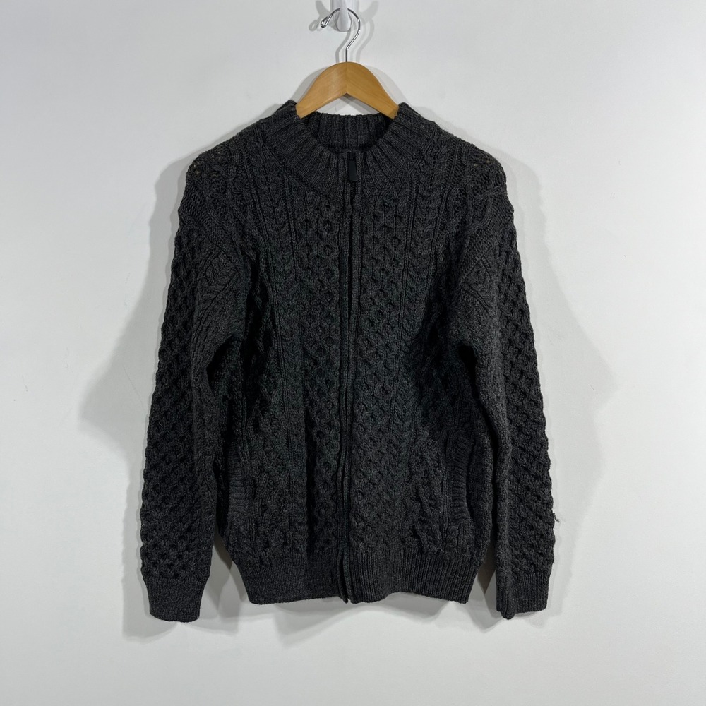 IrelandsEye Dublin Fisherman 100% Virgin Wool Cable Knit Cardigan Men Large Gray